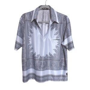 Alan Stuart Vintage Mens Paisley V-Neck Short Sleeve Polo Shirt L 16-16.5 80s